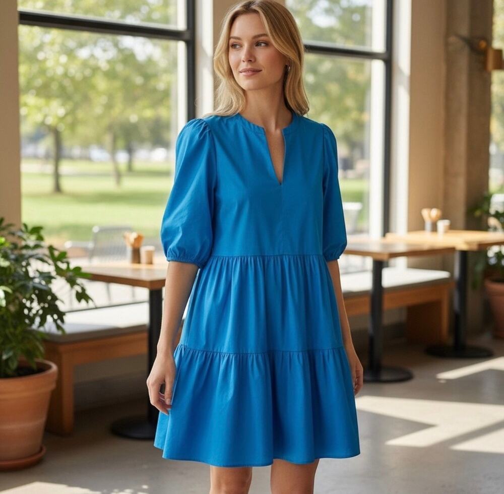 Chico’s Blue Tiered Poplin Dress Womens 1 US 8 V Neck Puff Sleeve Pockets
